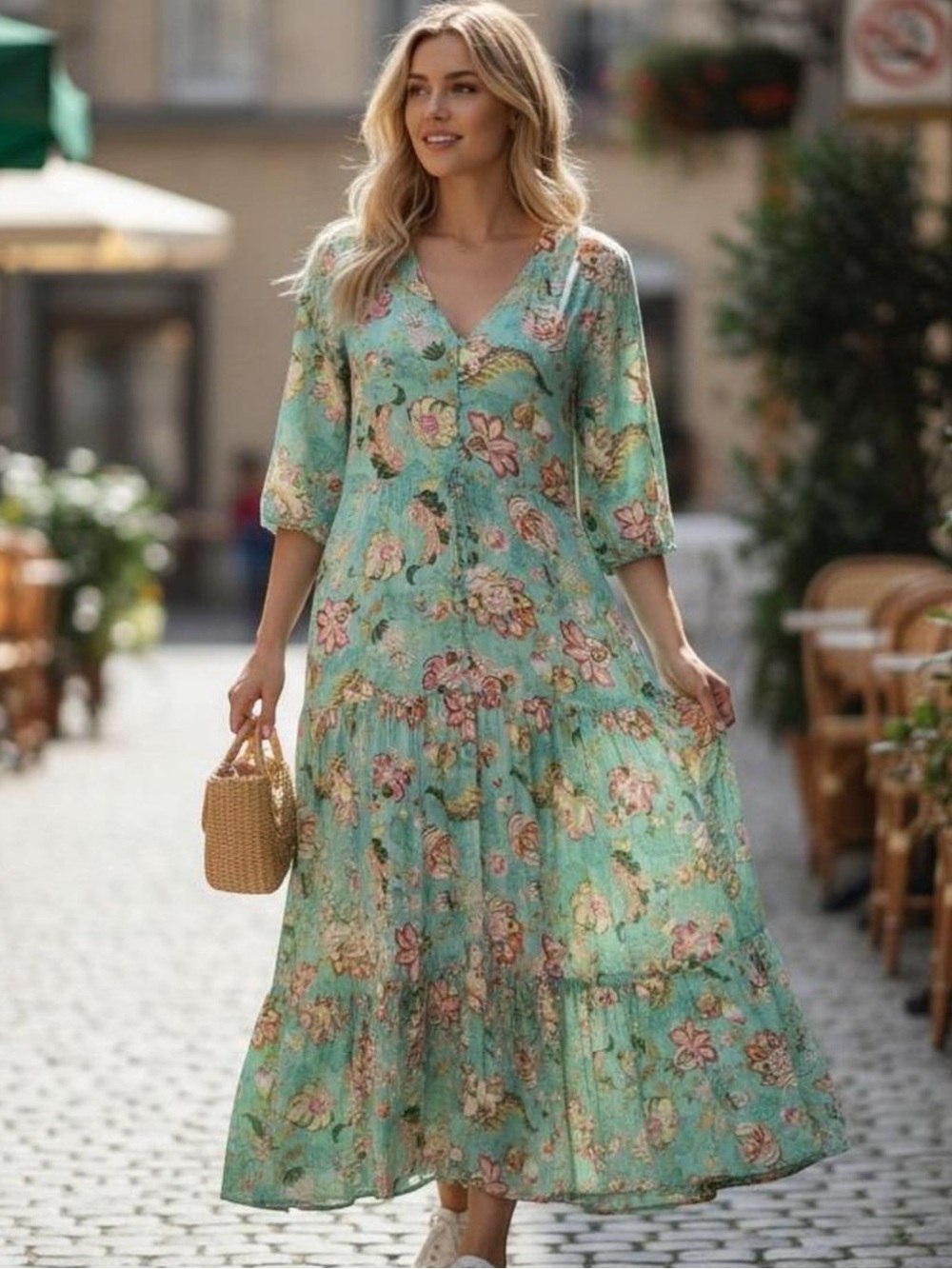 Anthropologie Sunday Mi Amor Boho Chic Floral Tiered Maxi Dress Cottagecore M - Picture 2 of 10